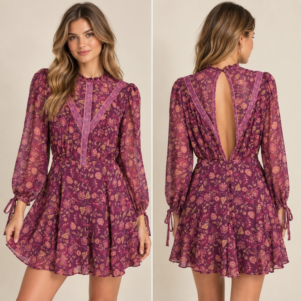 Revolve Tularosa Hopper Dress Plum Folk Purple Floral Open Back Boho Mini Medium